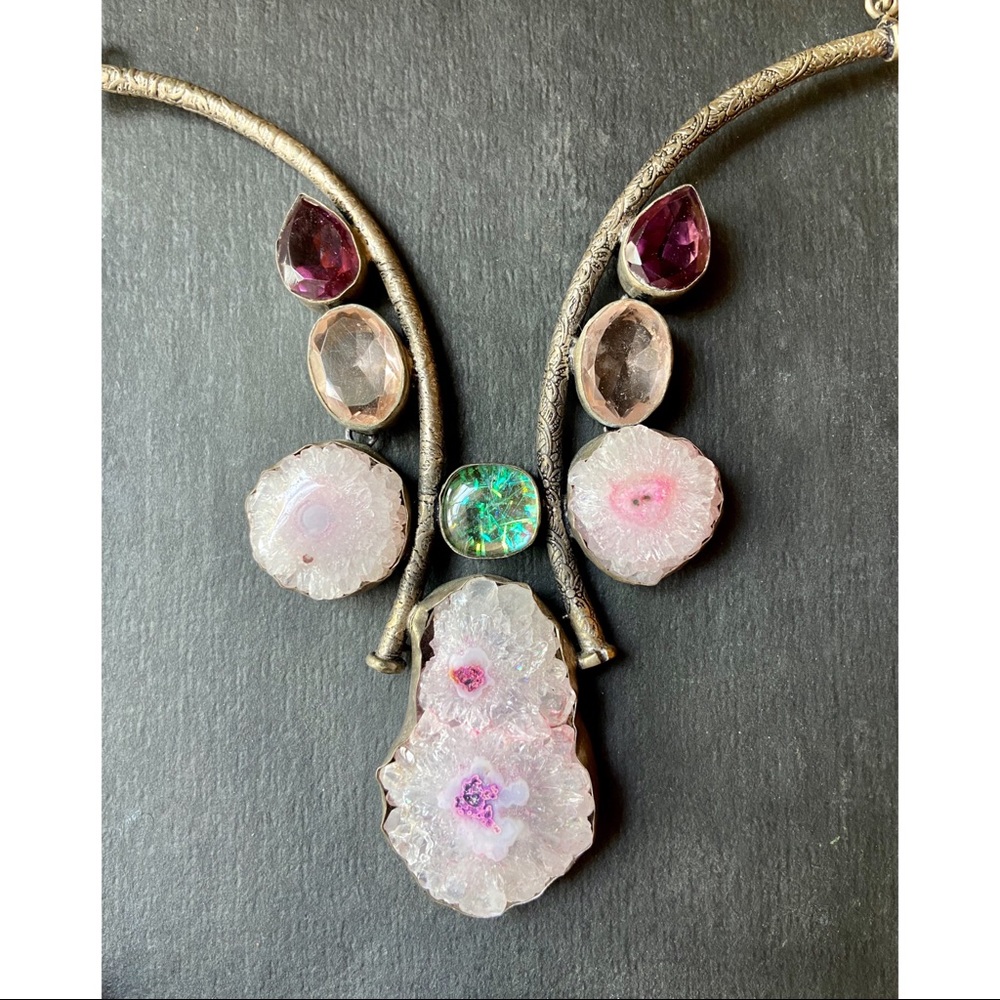 Vintage Amethyst Geode Crystal 925 Silver Necklace